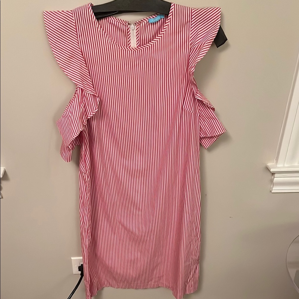 J. McLaughlin Pink and White Striped Dress with Ruffle Sleeves